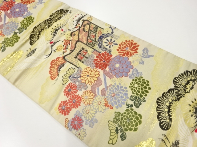 JAPANESE KIMONO / ANTIQUE HIRAKI NAGOYA OBI / WOVEN CRANE & KIKU